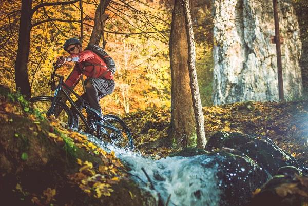man mountain bikes in woods