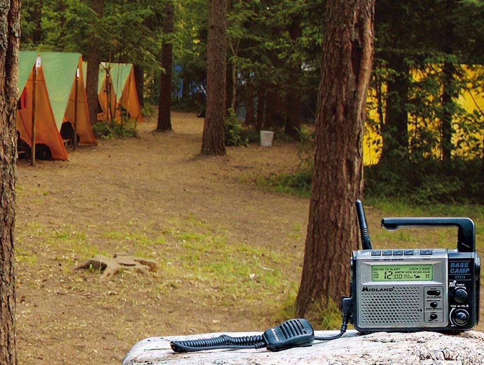 GMRS base station on table at campsite