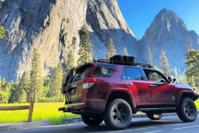 overlanding vehicle next to mountains