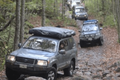 convoy of vehicles off-road on wooded trails