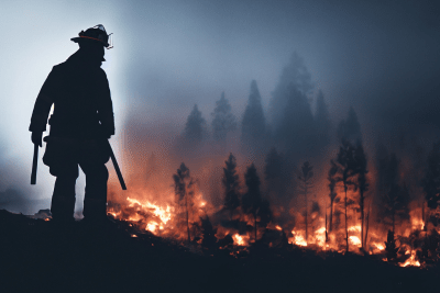 firefighters looks at wildfire in distance