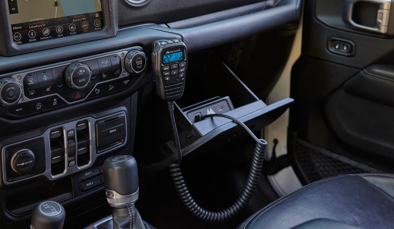 Midland MXT575 in glove box with Fully-Integrated Control Microphone