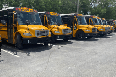 line of school buses
