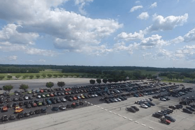 aerial of lined up vehicles