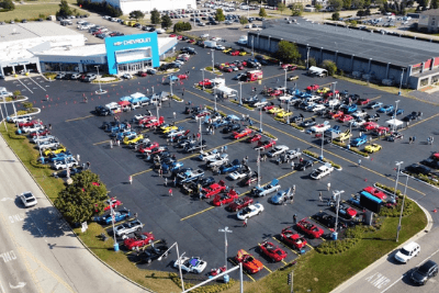 aerial of car dealership