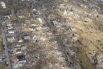 aerial of storm damaged town