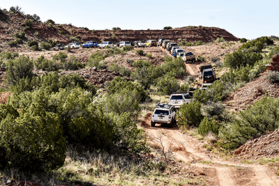 overlanding vehicles on dirt trail