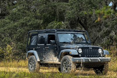 Jeep on grass near woods