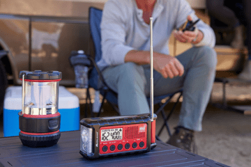 ER310 emergency radio on table by RV