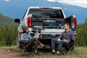 man and woman sit by truck with Midland emergency radio