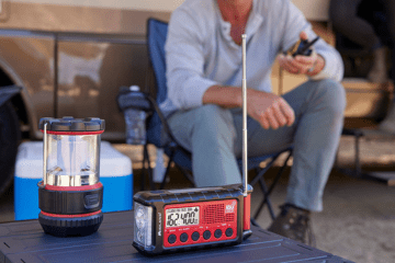 emergency radio on table by RV