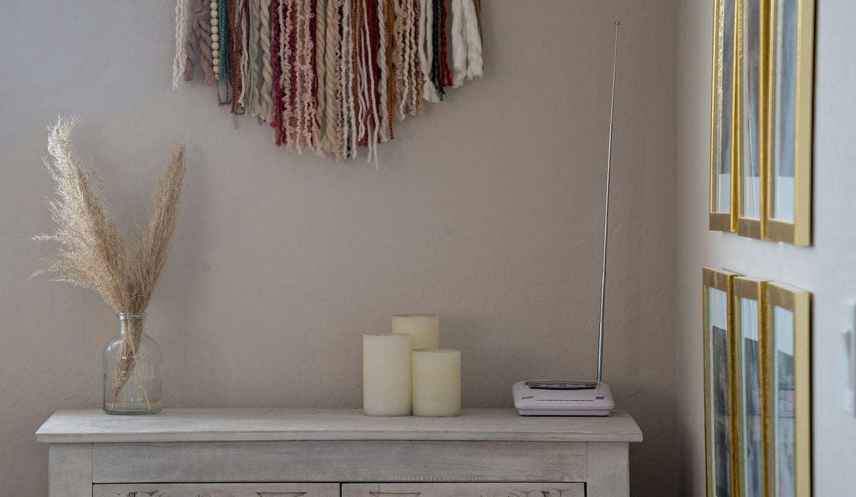 weather radio on end table