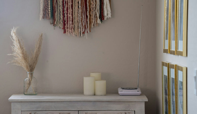weather radio on end table