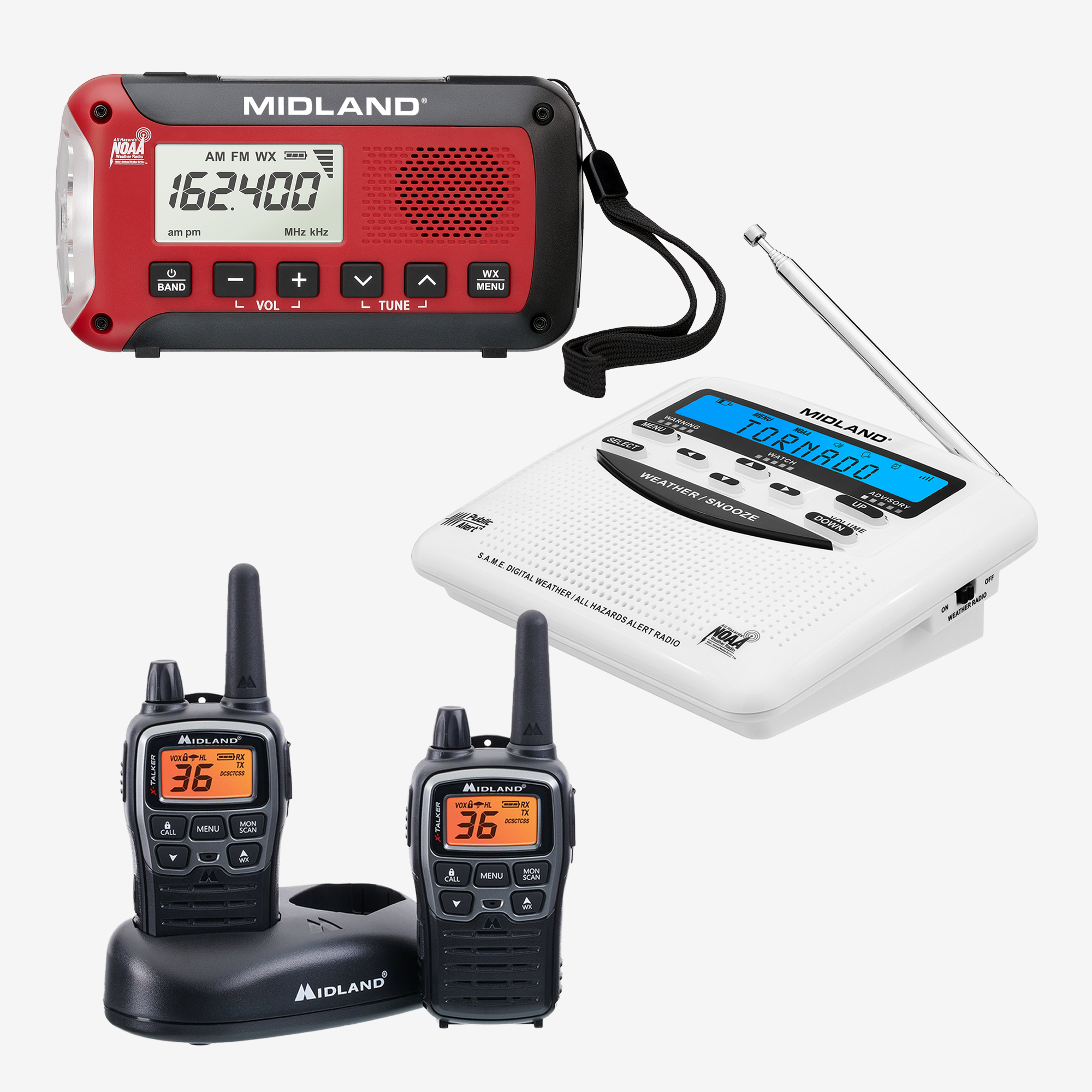 A collection of emergency preparedness devices including a red and black NOAA Weather Alert Radio, an Emergency Alert Radio, and two X-Talker T71 two-way radios.