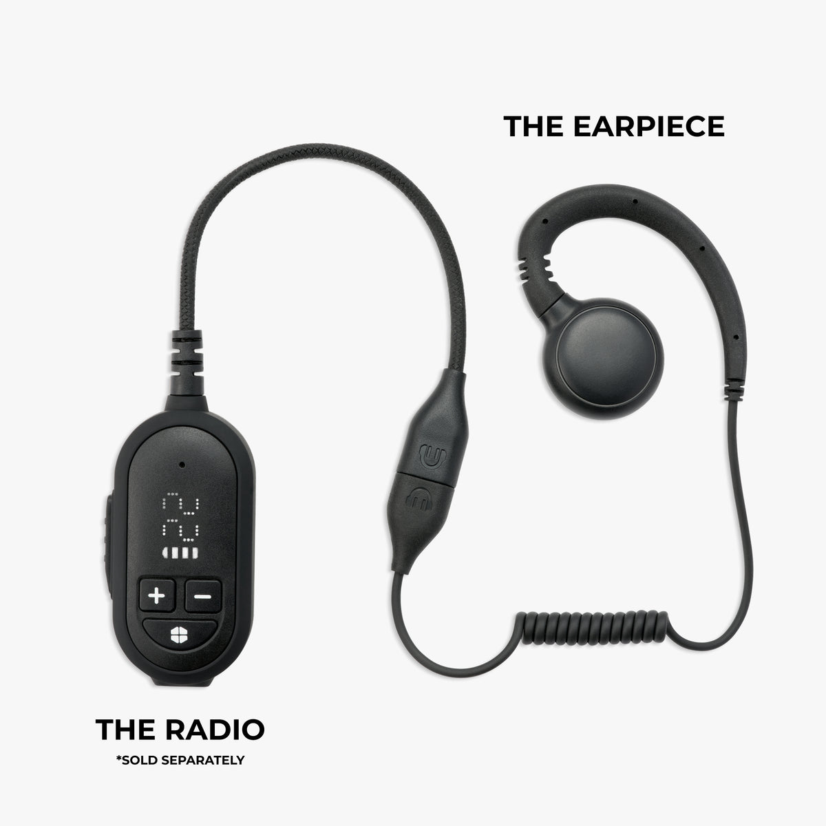 Black wired earpiece and radio control unit shown on a light gray background, with text labels reading 'THE EARPiece' and 'THE RADIO' and a note '*SOLD SEPARATELY'.