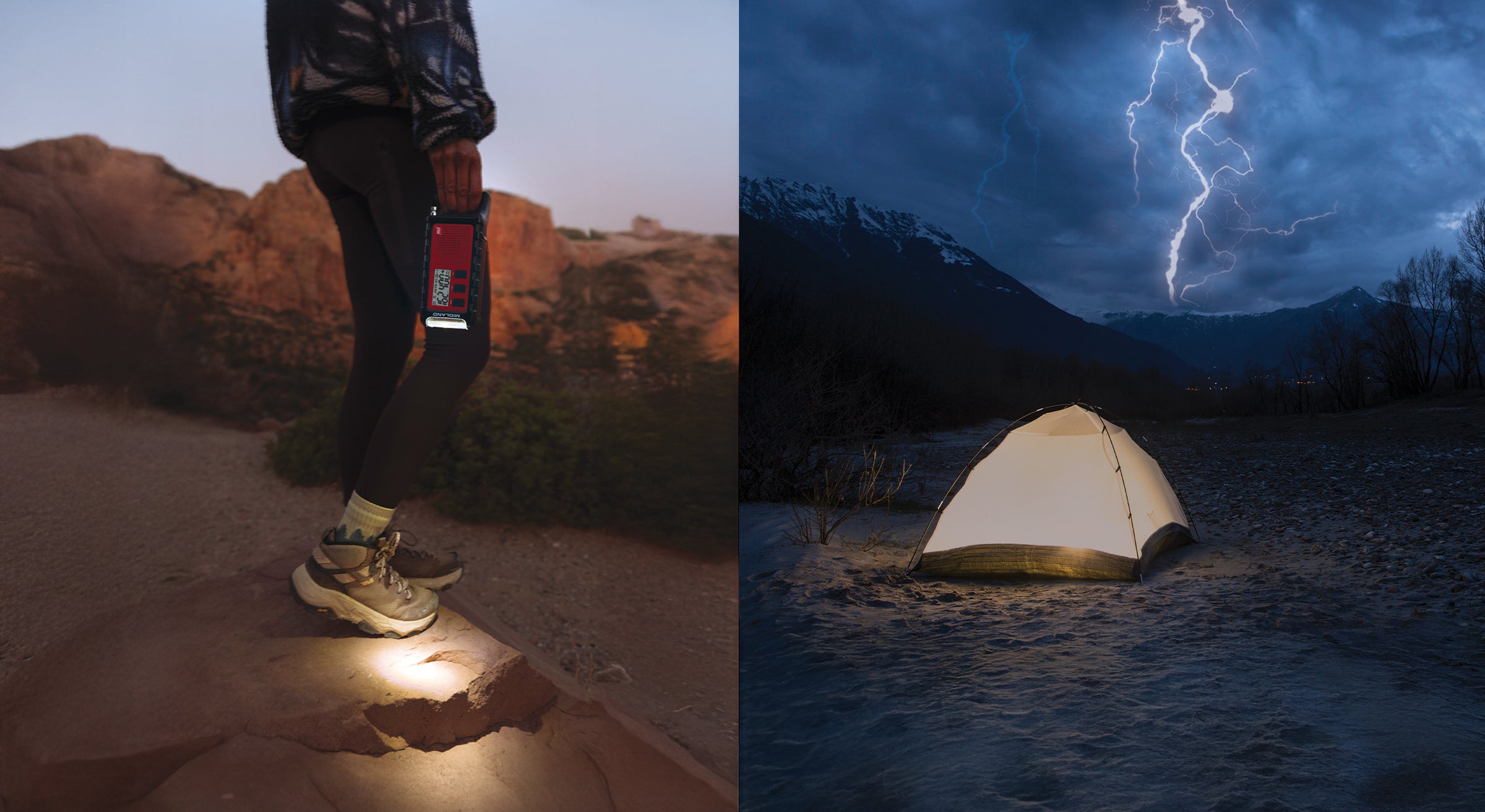 Two split images: one of a person with a headlamp on a trail, the other of a tent under a stormy sky with lightning.
