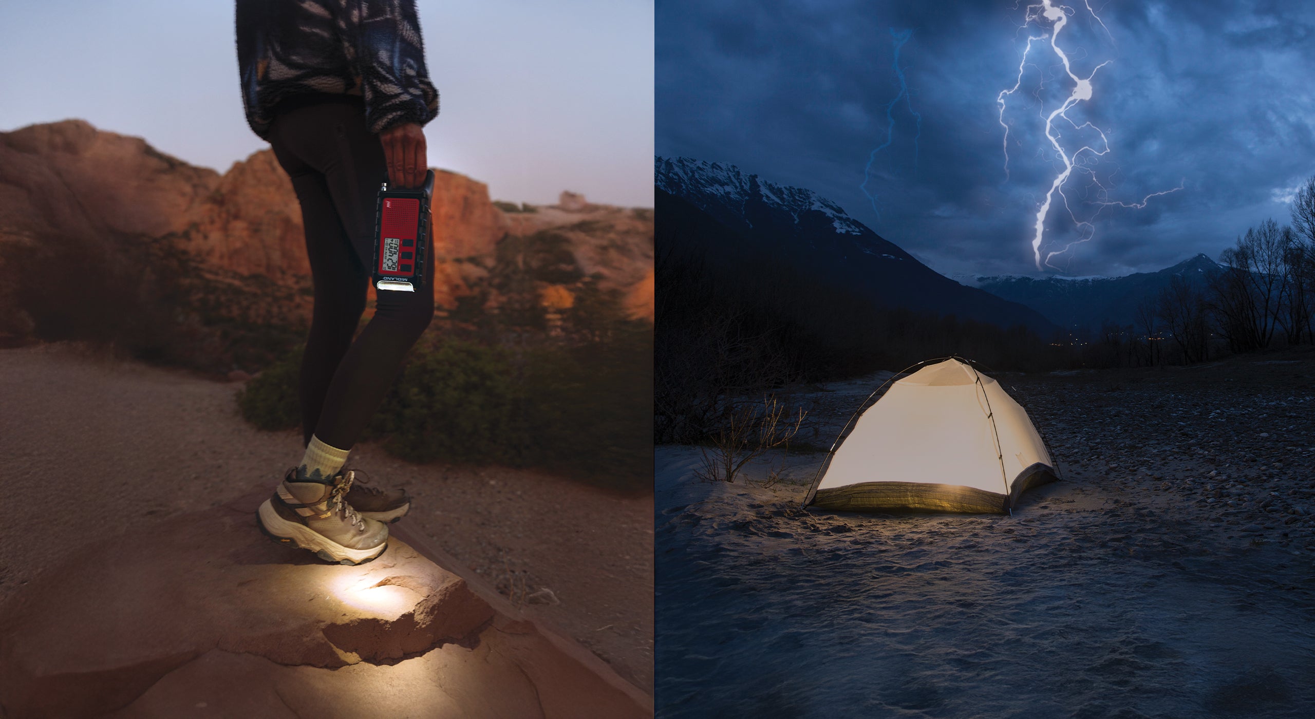 Two split images: one of a person with a headlamp on a trail, the other of a tent under a stormy sky with lightning.