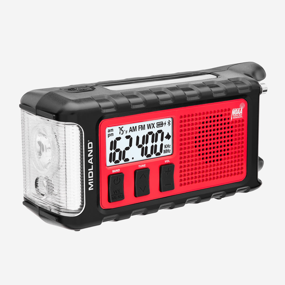 Black and red Midland radio with digital display on a white background