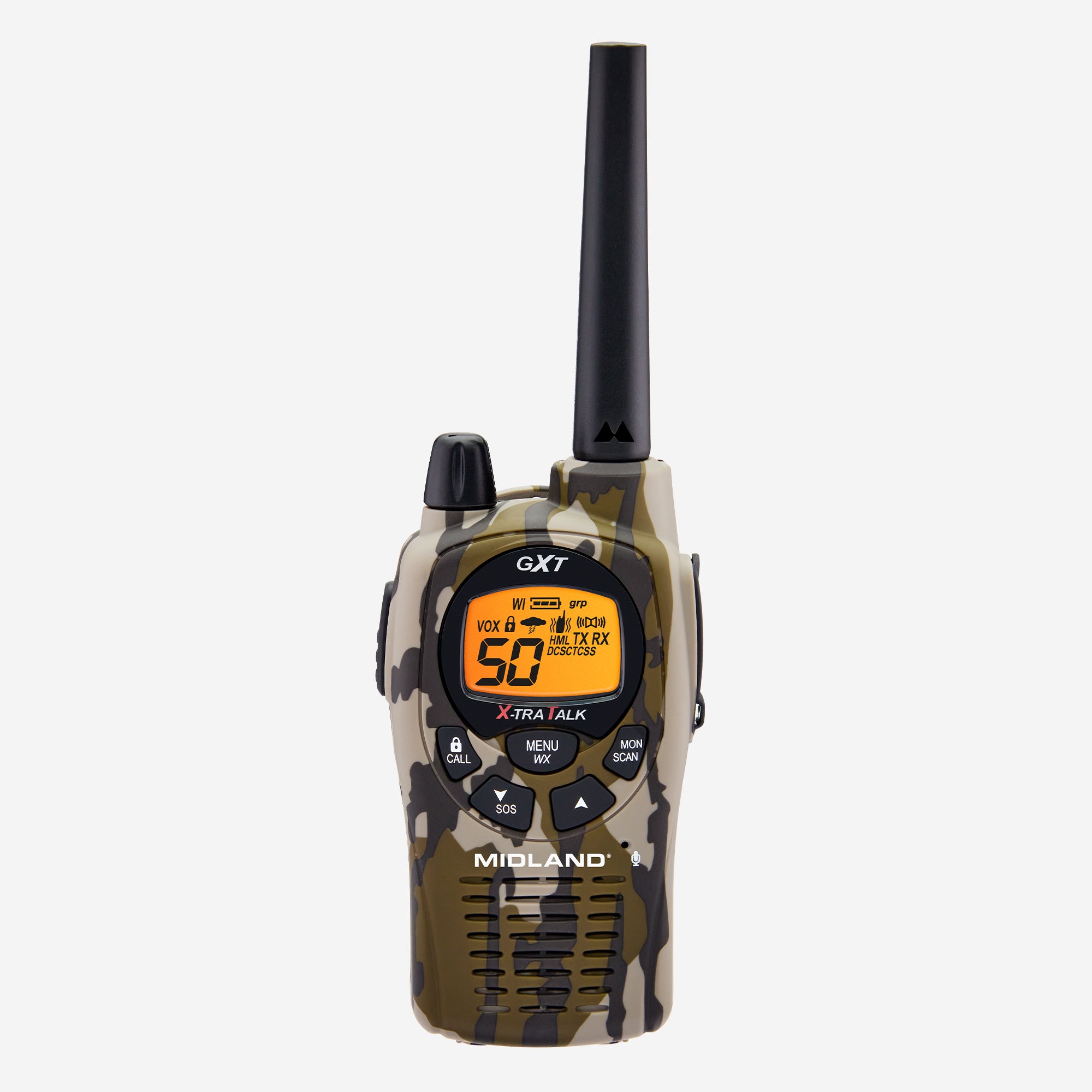 Camouflage walkie talkie with digital display on a white background