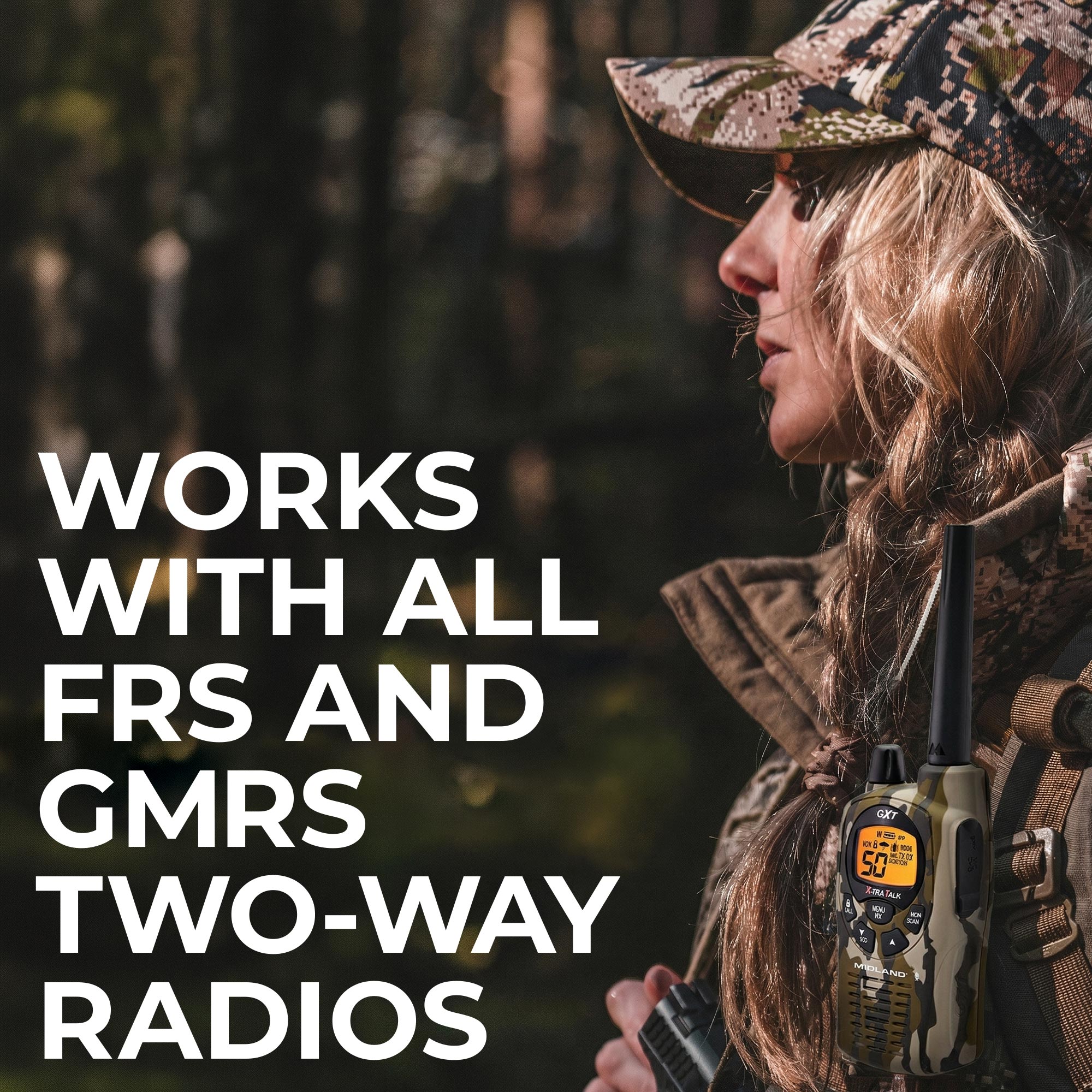 Person in camouflage gear holding a two-way radio with text about compatibility with FRS and GMRS radios.