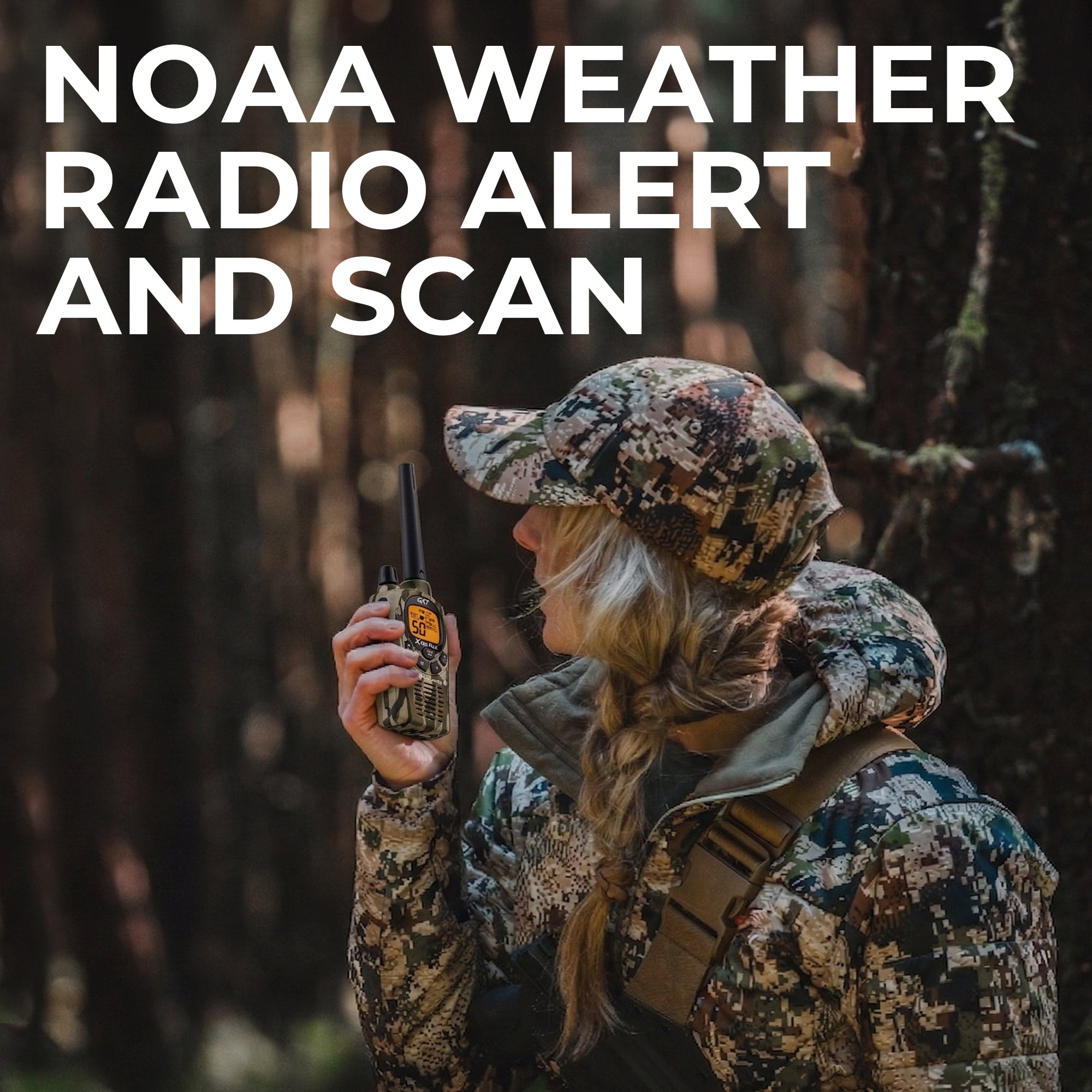 Person in camouflage gear holding a radio with 'NOAA Weather Radio Alert and Scan' text overlay.