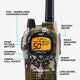 Camouflage walkie-talkie with feature labels on a white background