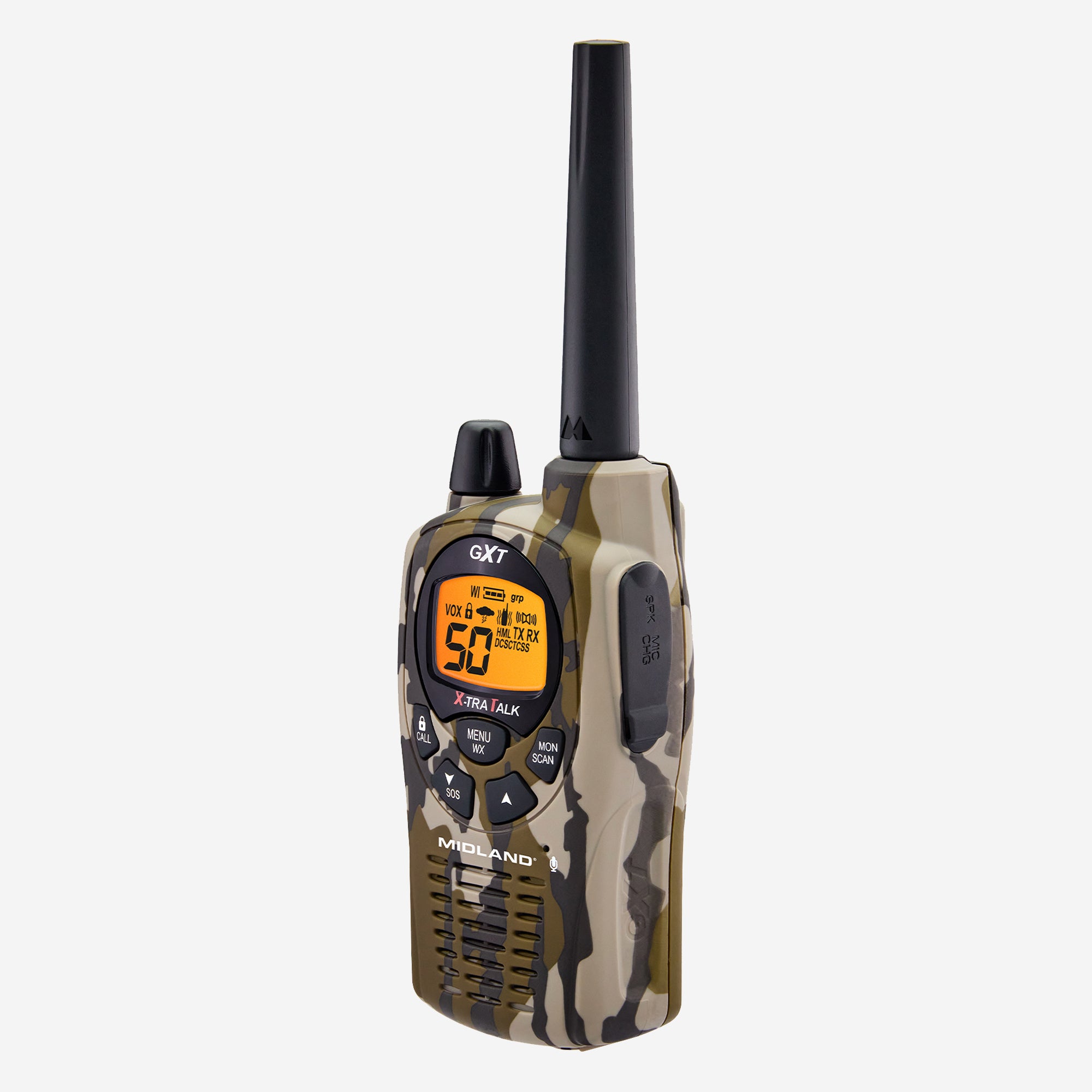 Camouflage walkie talkie with digital display on a white background
