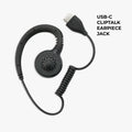 Black USB-C clip-on earpiece jack with a coiled cable and metal connector, shown on a light gray background with text reading 'USB-C CLIPON TALK EARPiece JACK'.