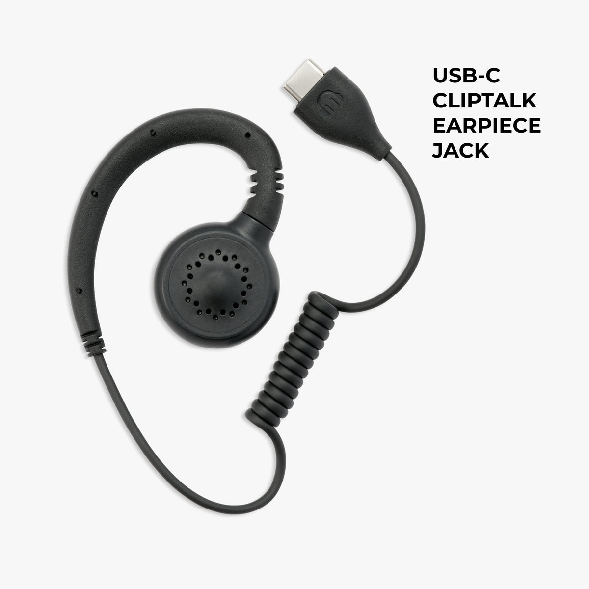 Black USB-C clip-on earpiece jack with a coiled cable and metal connector, shown on a light gray background with text reading 'USB-C CLIPON TALK EARPiece JACK'.
