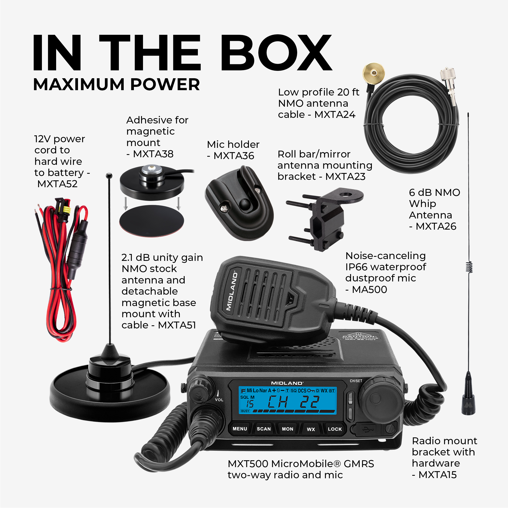 MXT500 MicroMobile® GMRS 50-Watt Two-Way Radio - MXT500VP3-WHIP