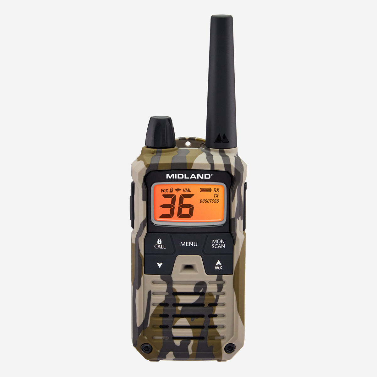 A Midland walkie-talkie with a camouflage pattern in beige, brown, and black, featuring a black antenna and an orange LCD display showing '36'.