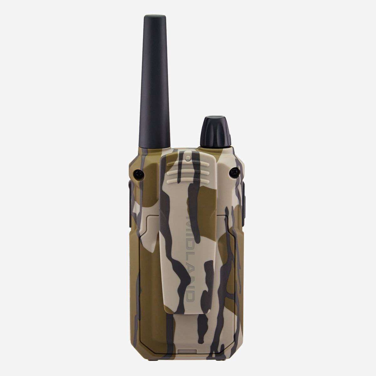 A walkie-talkie with a camouflage pattern in olive green, tan, and black, featuring a tall black antenna and a black top knob, shown against a plain light gray background.