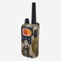 A Midland walkie-talkie with a tan and dark green camouflage pattern, featuring a black antenna, black buttons, and an orange LCD display showing '36'.
