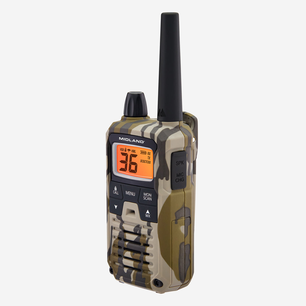 A Midland walkie-talkie with a tan and dark green camouflage pattern, featuring a black antenna, black buttons, and an orange LCD display showing '36'.
