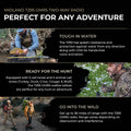 Promotional graphic for the Midland T295 GMRS two-way radio, featuring three lifestyle panels of hunters outdoors demonstrating its splash resistance, call tones, and long-range communication. Text highlights its toughness in water, hunting capabilities, and range.