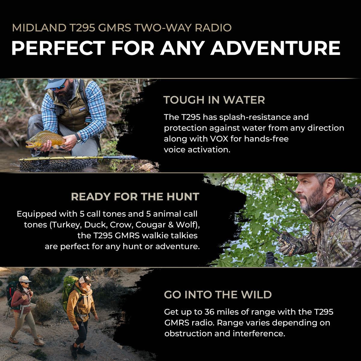Promotional graphic for the Midland T295 GMRS two-way radio, featuring three lifestyle panels of hunters outdoors demonstrating its splash resistance, call tones, and long-range communication. Text highlights its toughness in water, hunting capabilities, and range.
