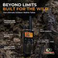 A rugged outdoor walkie-talkie standing on a forest log, surrounded by feature callouts and marketing text. The device has a black front with a small orange display and a tan/brown camouflage handle and antenna.