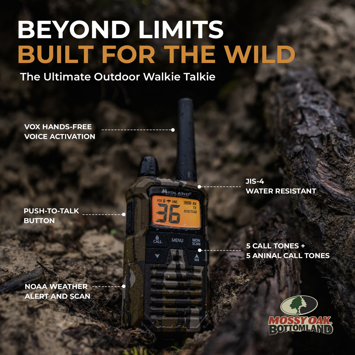 A rugged outdoor walkie-talkie standing on a forest log, surrounded by feature callouts and marketing text. The device has a black front with a small orange display and a tan/brown camouflage handle and antenna.
